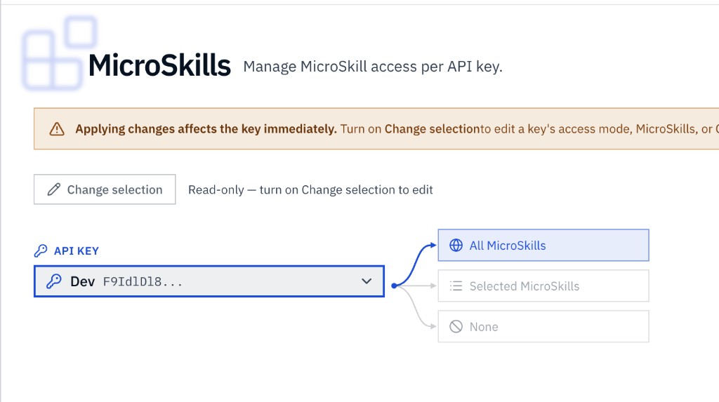 The MicroSkills page with an API key selected and connected to All MicroSkills, Selected MicroSkills, and None. All MicroSkills is the active mode.
